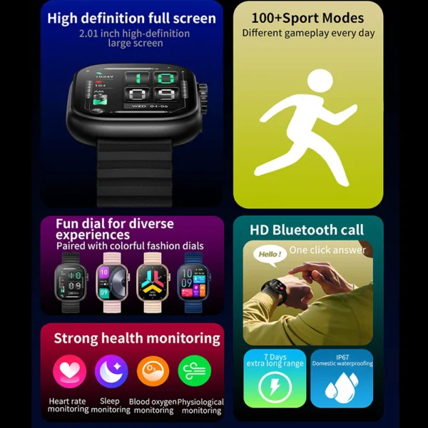 NEW 2.01'' Men Smart Watch Flashlight Temperature Monitor Bluetooth Call Smartwatch Fitness Clock Sports Watches for Women 2024 - Image 2